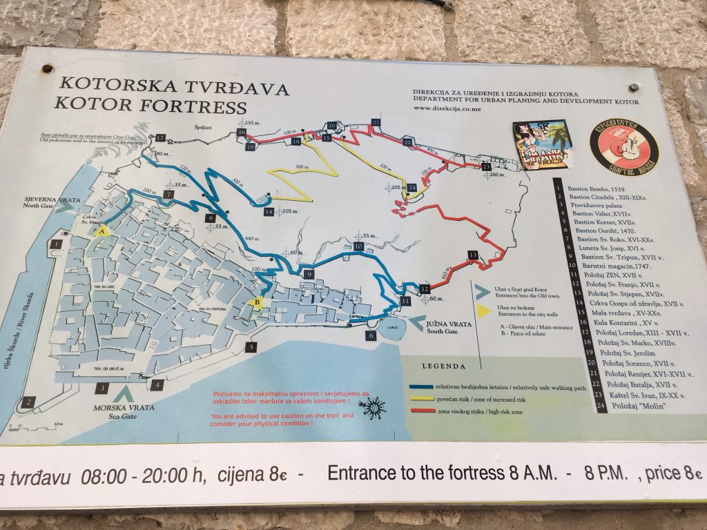 Directions to the fortress in Old Town Kotor, Montenegro